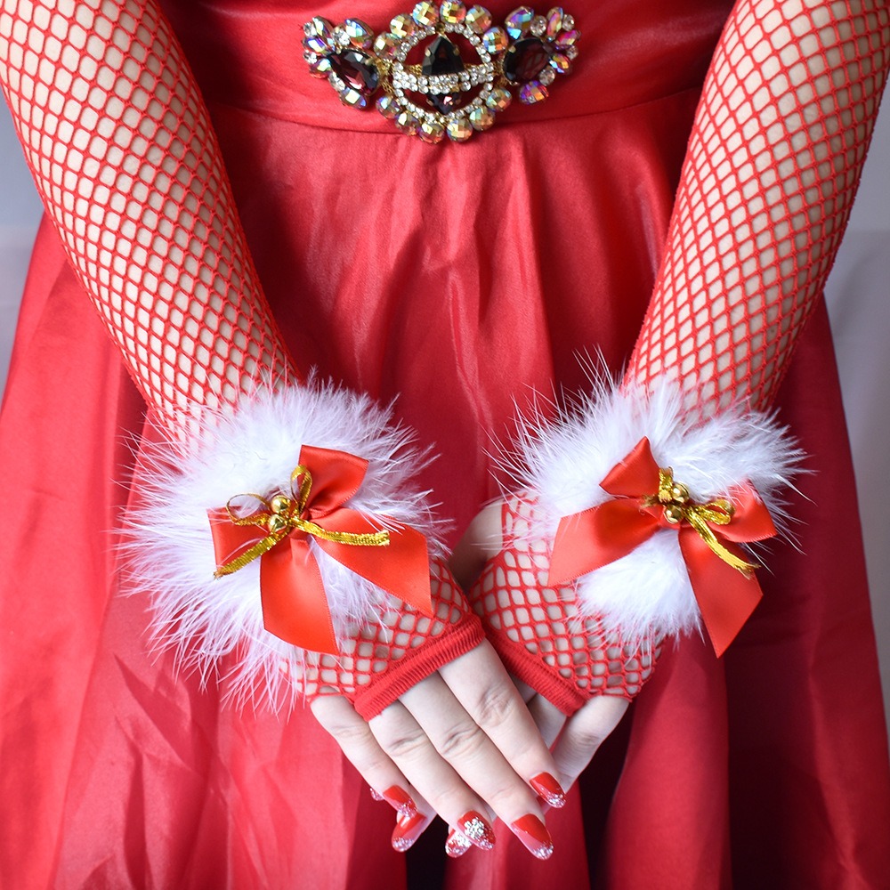 Jinglisse &ndash; Christmas Fishnet Long Gloves With Feather Cuffs, Ribbon Bows & Jingle Bells, Sexy Santa Accessory For Women By Rose Toy