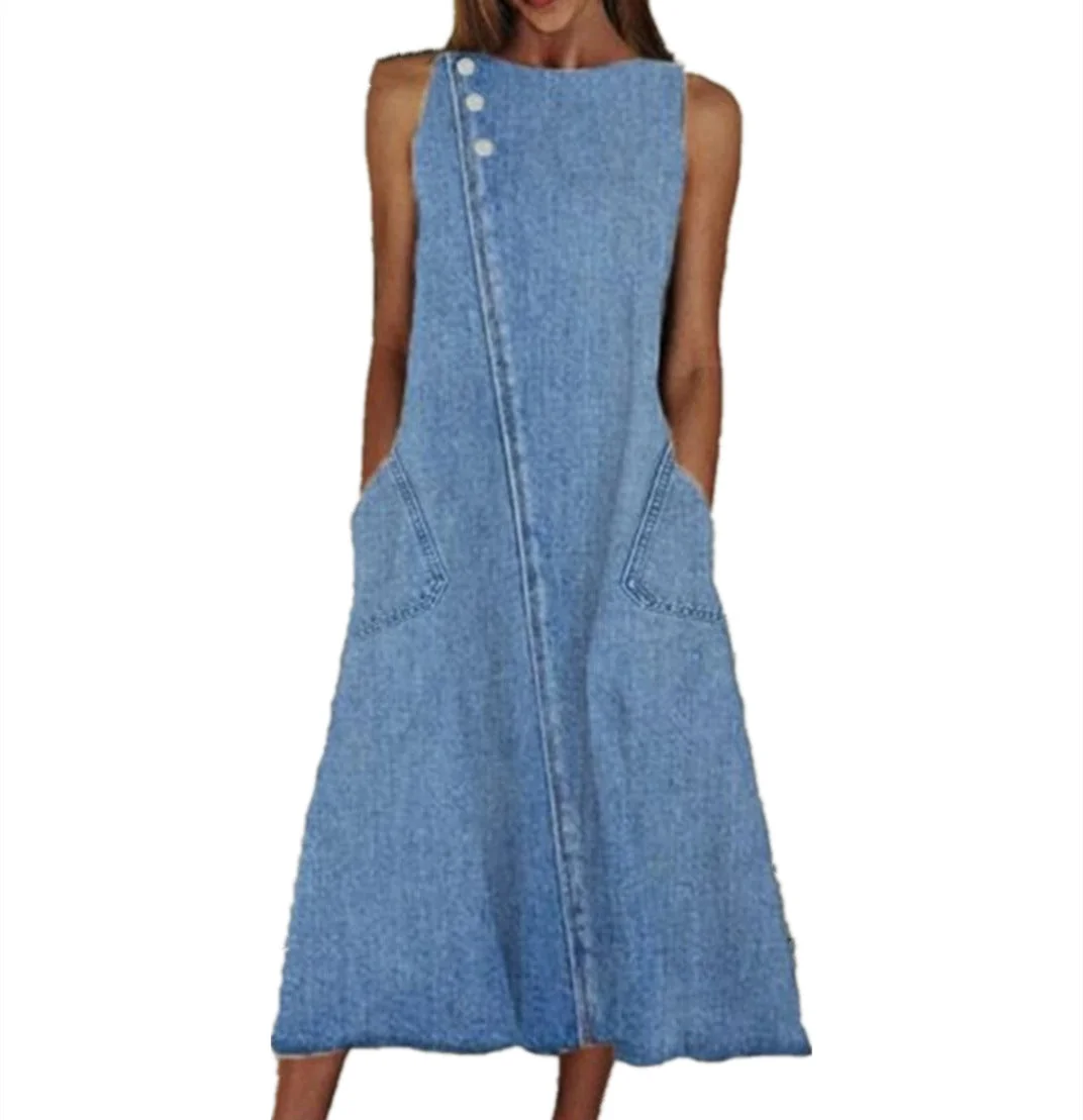 Uveng Neck Long Skirt Sleeveless Washed Denim Casual Plus Size Dress