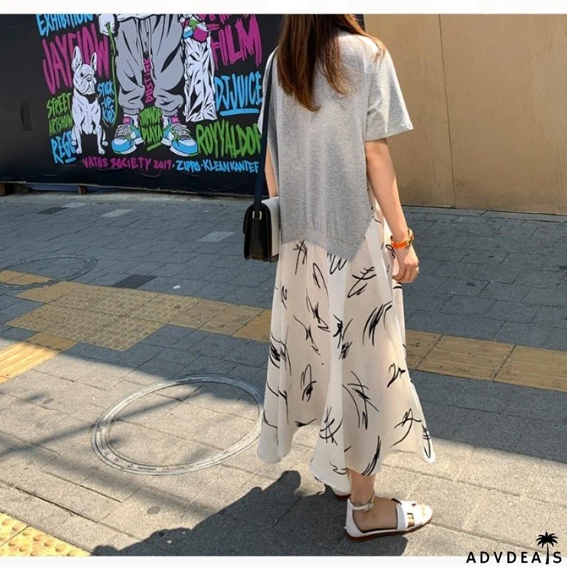 Casual Plus Size Female Stitching Printing Dress for Summer