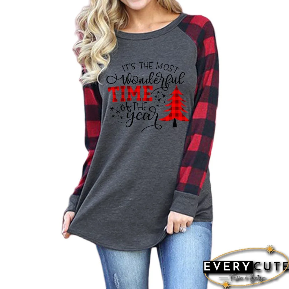 Most Wonderful Time Splice Plaid Long Sleeve Top in Gray