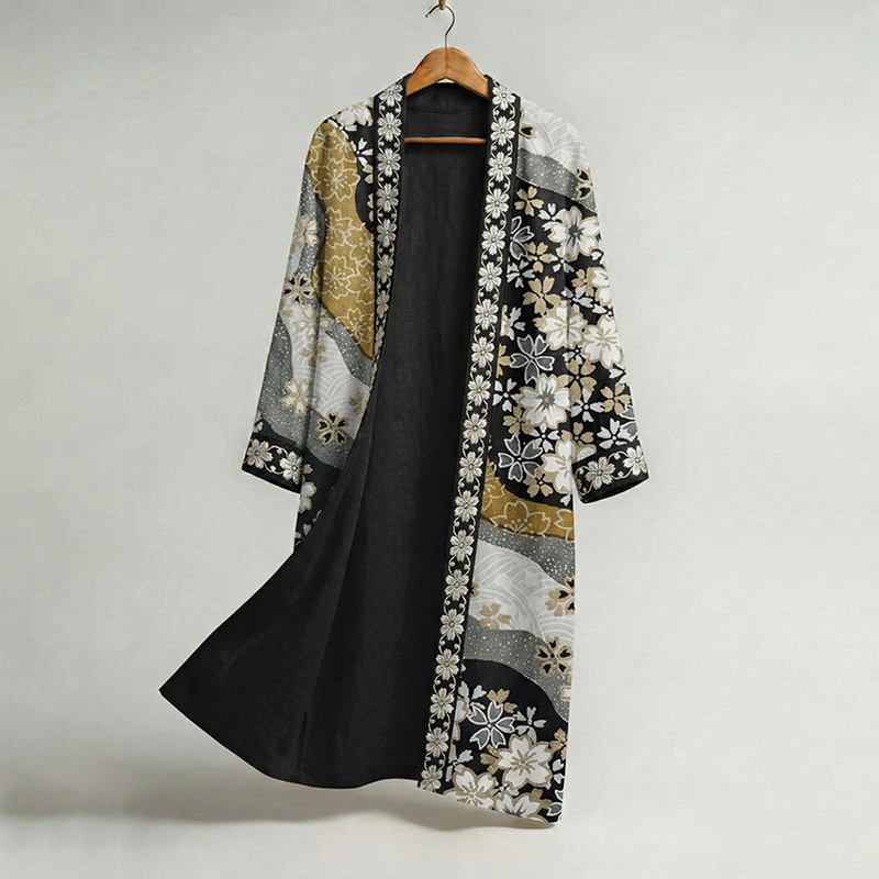 Men's Retro Floral Art Print Linen Long Kimono  artssus