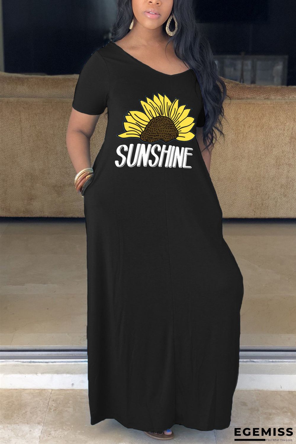 Black Fashion Casual Plus Size Short Sleeve V Neck Printed Dress Floor Length Print Dresses | EGEMISS