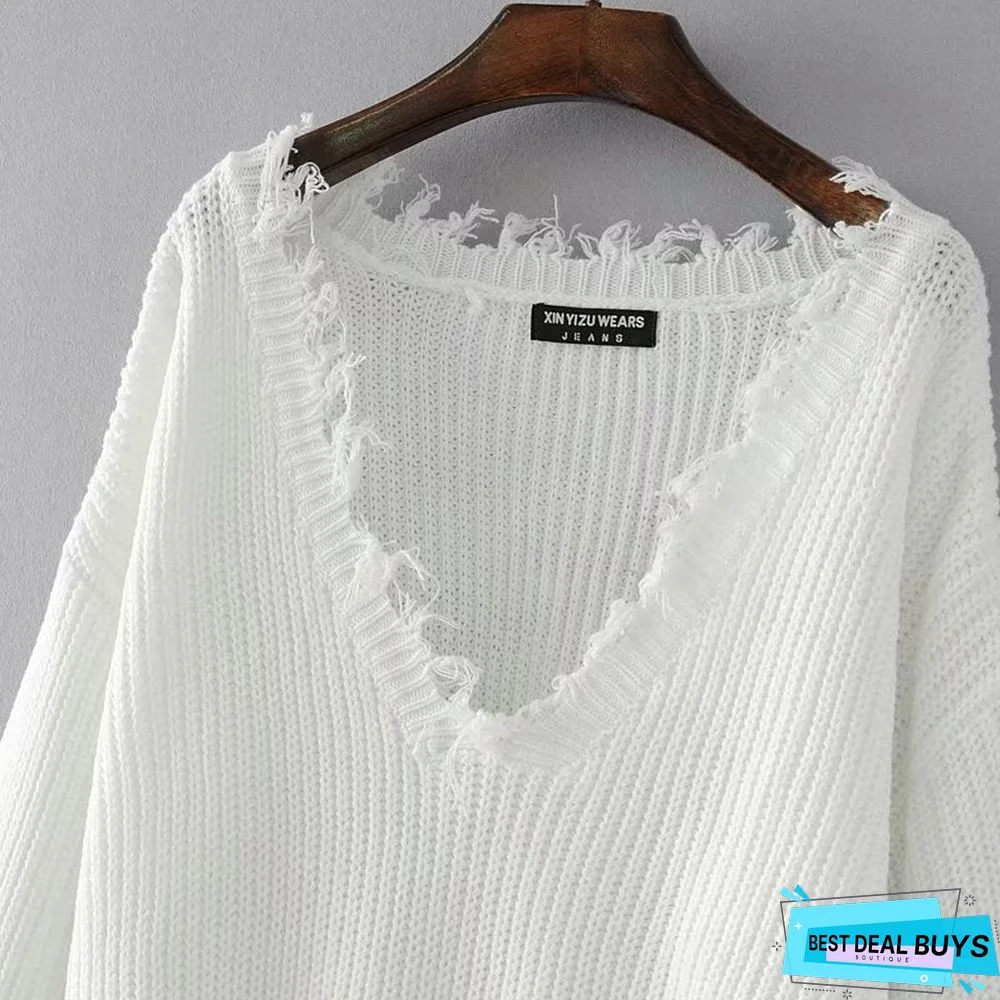 V Neck Fringed Loose Casual Fringed White Sweater