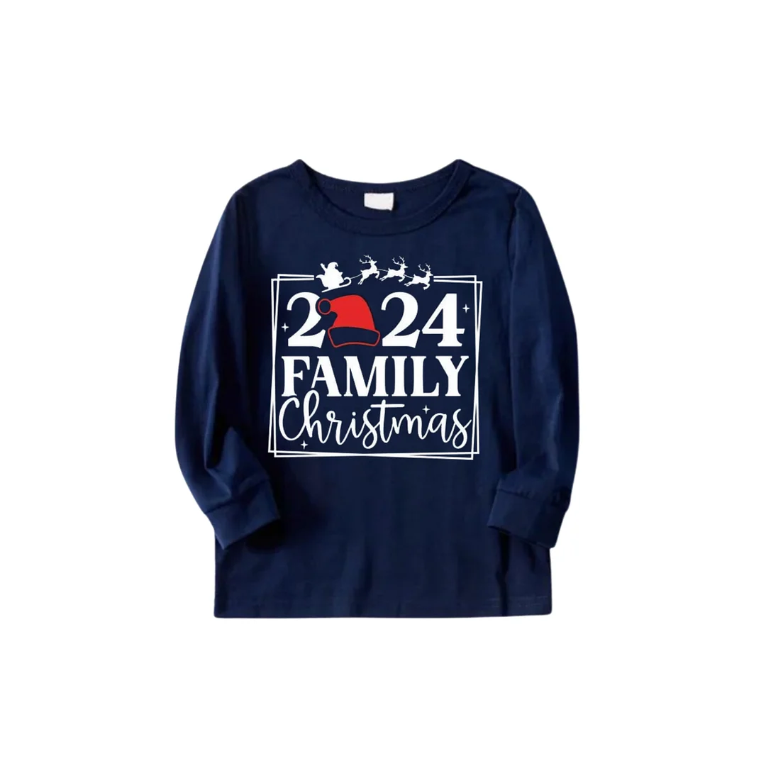 "2024 Family Christmas and Elk" Prints Blue Long Sleeves Top with Red and Blue Plaid Pants Christmas Matching Pajamas