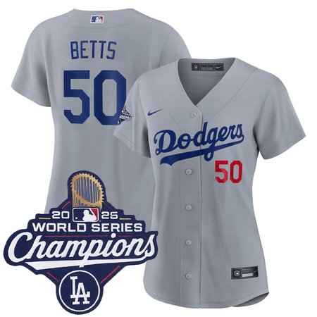 Women's Los Angeles Dodgers #50 Mookie Betts  Gray 2025 World Series Champions Home Limited Jersey