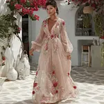 Women's Pink Rose Embroidered Linen Blend V-neck Dress - Image 2