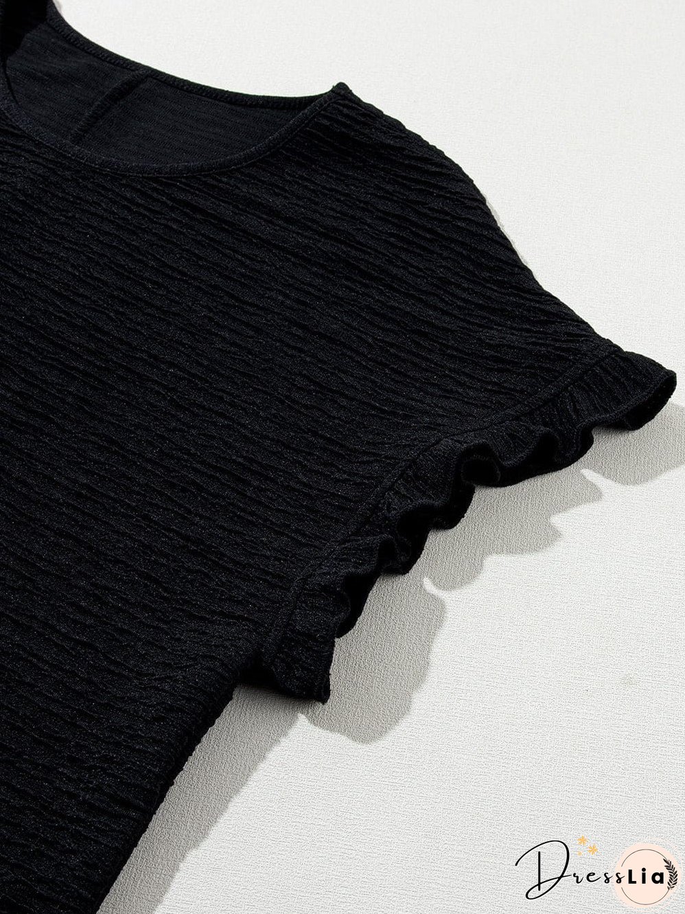 Elegant Black Textured Ruffle Sleeve Blouse