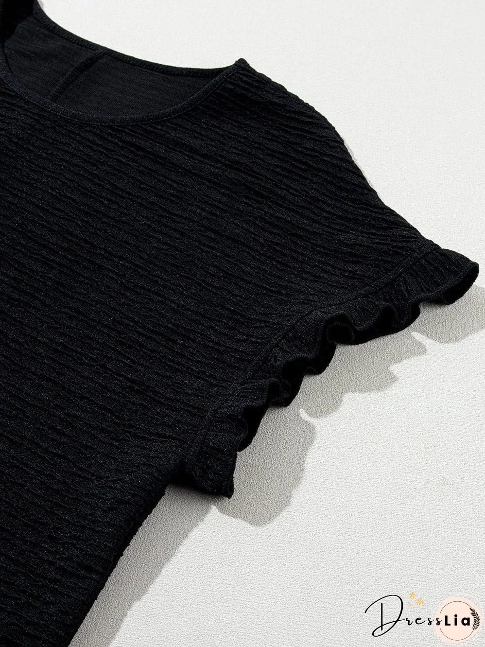 Elegant Black Textured Ruffle Sleeve Blouse