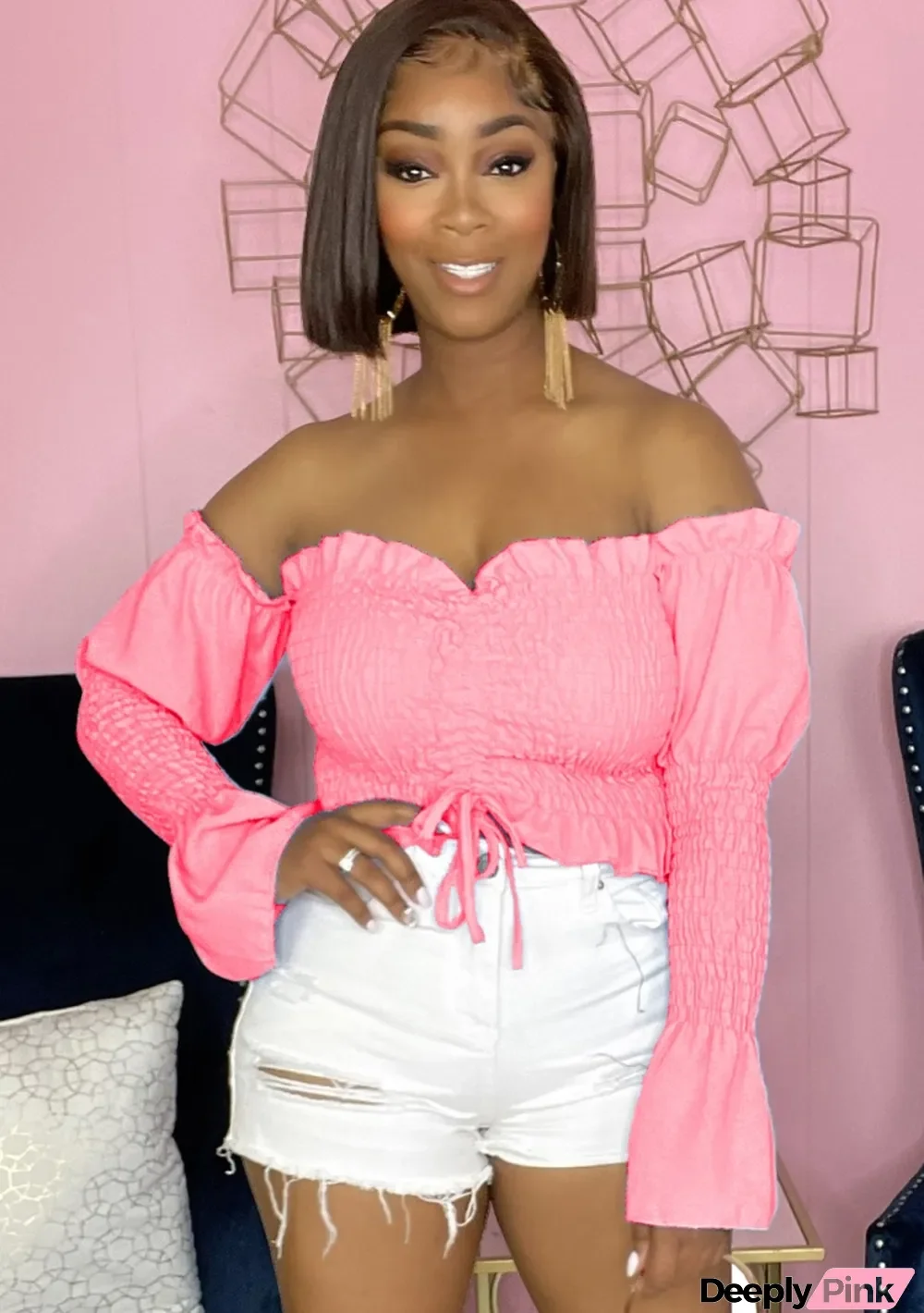 Autumn Pink Strapless Ruffles Long Sleeve Crop Top