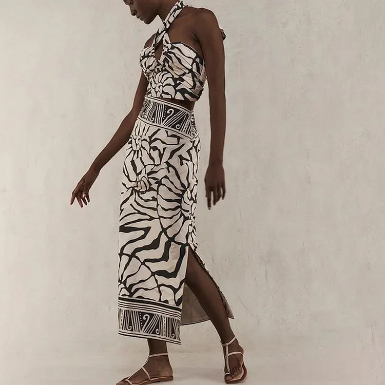 Detachable Puff Sleeves Printed High Waist Bikini Swimsuit and Skirt Flaxmaker
