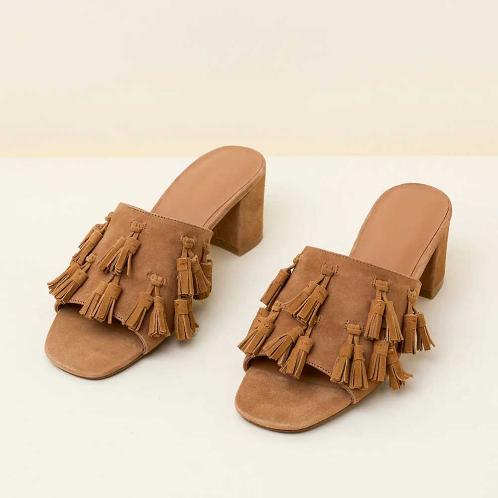 Tan Vegan Suede Tassel Open Toe Block Heel Women's Mules Shoes Nicepairs