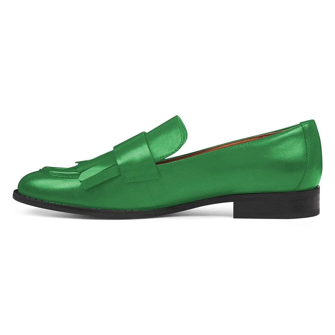 Green Vegan Leather Round Toe Flat Women's Loafers with Fringe