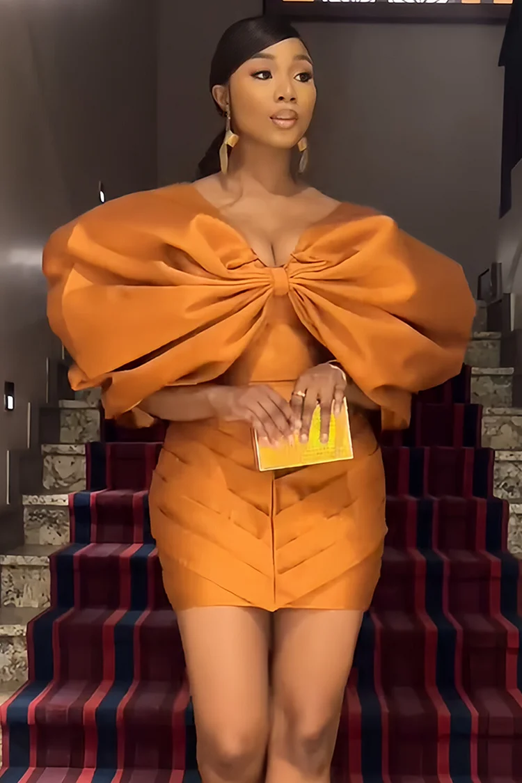 V Neck Exaggerate Bow Decor Bodycon Party Mini Dresses-Orange [Pre Order]