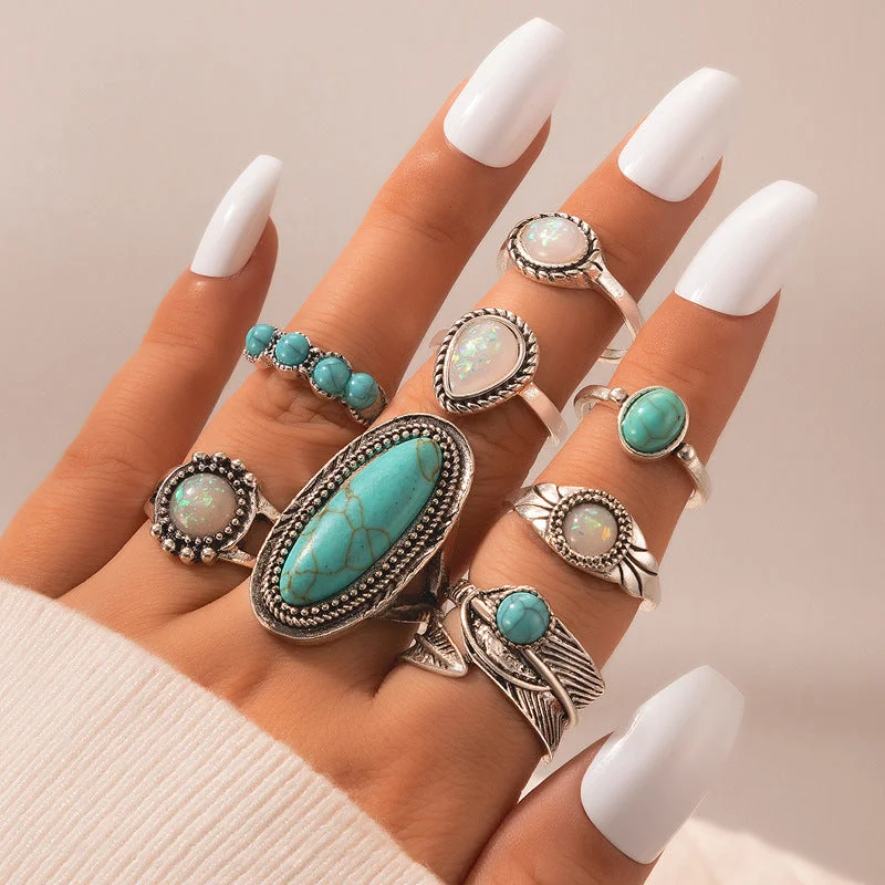 Turquoise Carved Feather Ring - 8-Piece Set