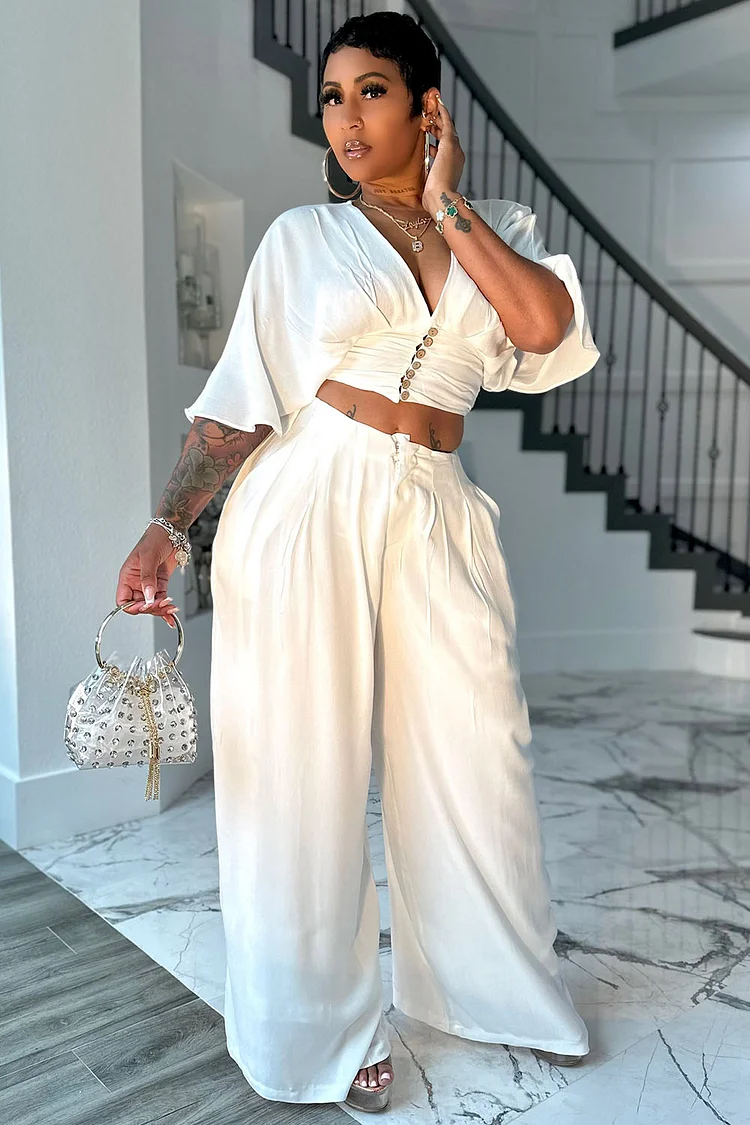 V Neck Flare Sleeve Button Up Top Wide Leg Pants 2pcs Set-White [Pre Order]