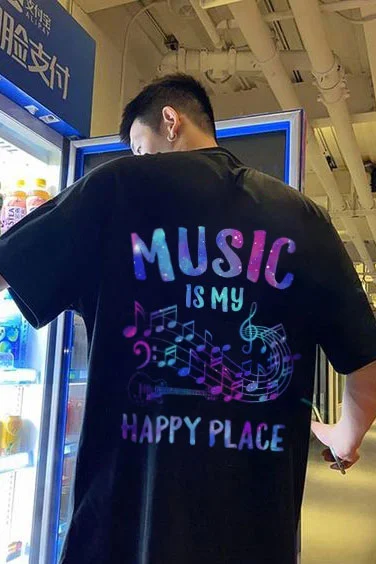MUSIC IS MY HAPPY PLACE Graphic Printing Men's Short-sleeved T-shirt