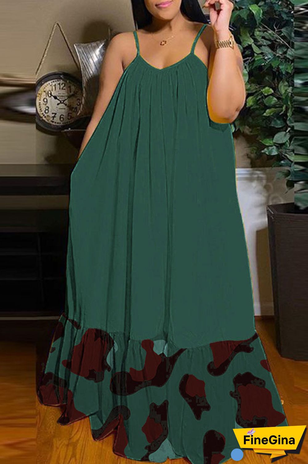 Black Brown Casual Street Print Patchwork Spaghetti Strap Sling Dress Dresses