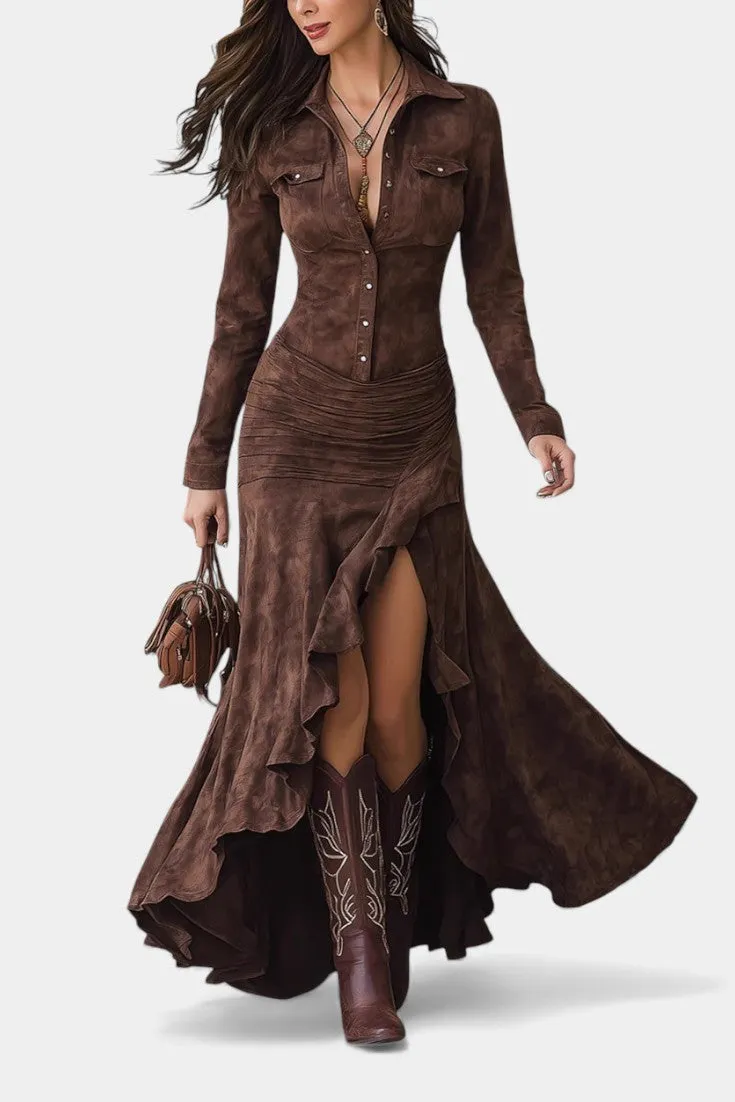 Asymmetrical Ruffle Maxi Dress with Deep V Neck