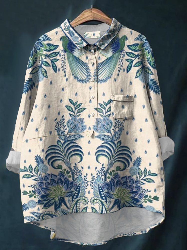 Vintage  Floral  Print Casual Linen Blend Pocket Shirt wearshes