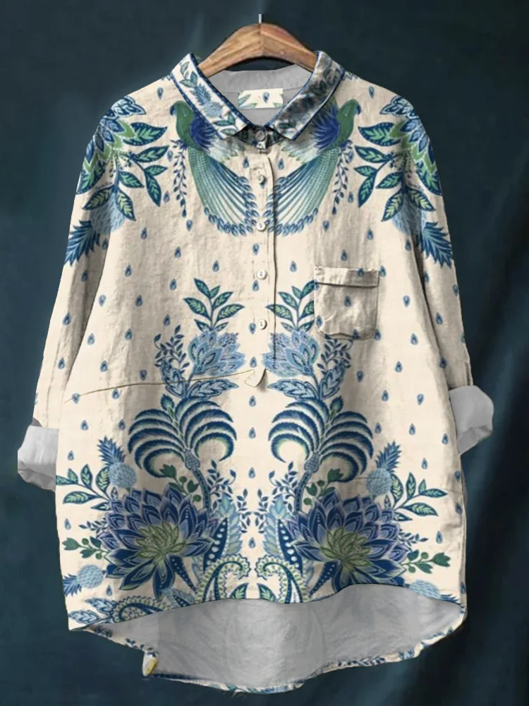 Vintage  Floral  Print Casual Linen Blend Pocket Shirt