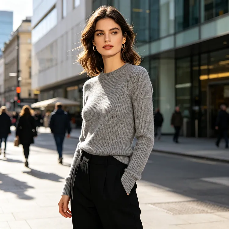 Grey Crewneck Fitted Sweater