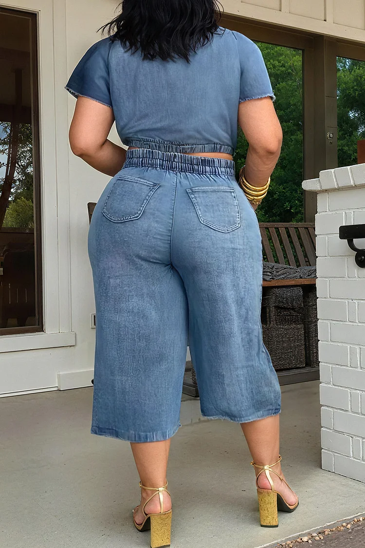 Plus Size Daily Blue Round Neck Short Sleeve Pocket Pull-On Waist Denim Two Piece Short Sets [Pre-Order]