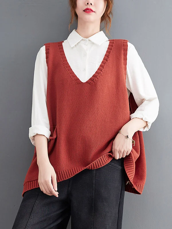 Vintage Solid Color Cotton-Blend Knitting Vest