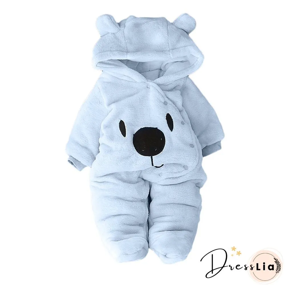 Newborn Baby Girl Boy Solid Color Cartoon Bear Velvet Hooded Jumpsuit Winter Warm Thick