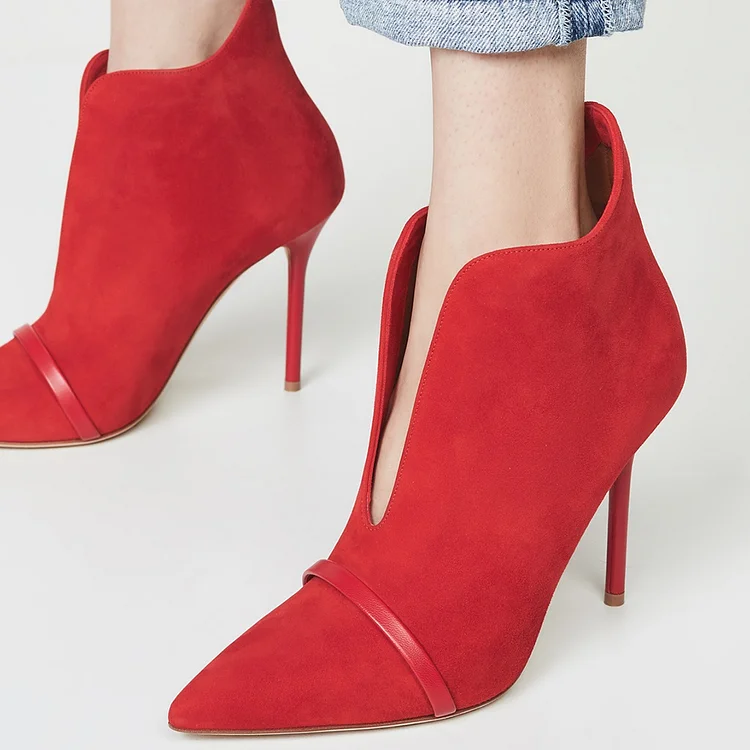 Red Suede Boots Cut Out Stiletto Heel Ankle Boots |FSJ Shoes