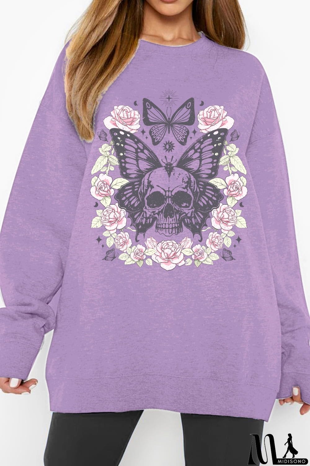 MidiSono - Simply Love Simply Love Full Size Skull Butterfly Graphic Sweatshirt