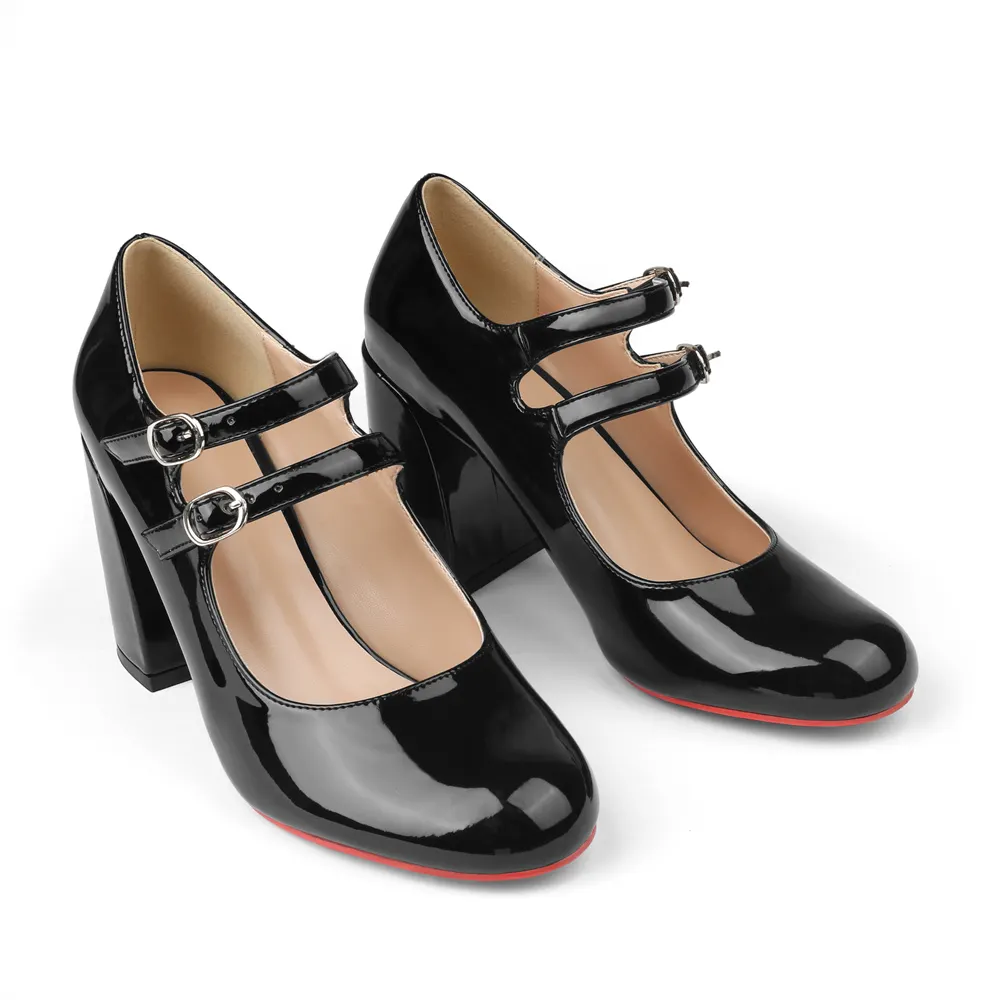 85mm Chunky Low Block Heels Mary Jane Closed Toe Work Pumps Comfortable Round Toe Dress Wedding Red Bottom Shoes-vocosishoes