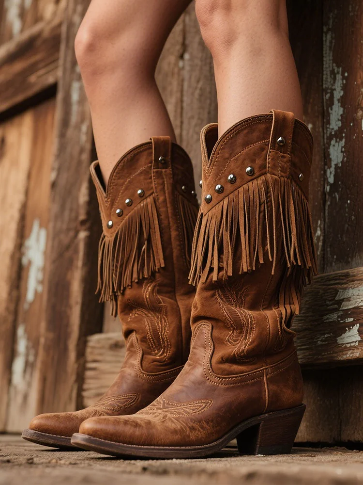 【24-hour shipping out】Women's Western Embroidered Tassel Faux Suede Cowboy Boots