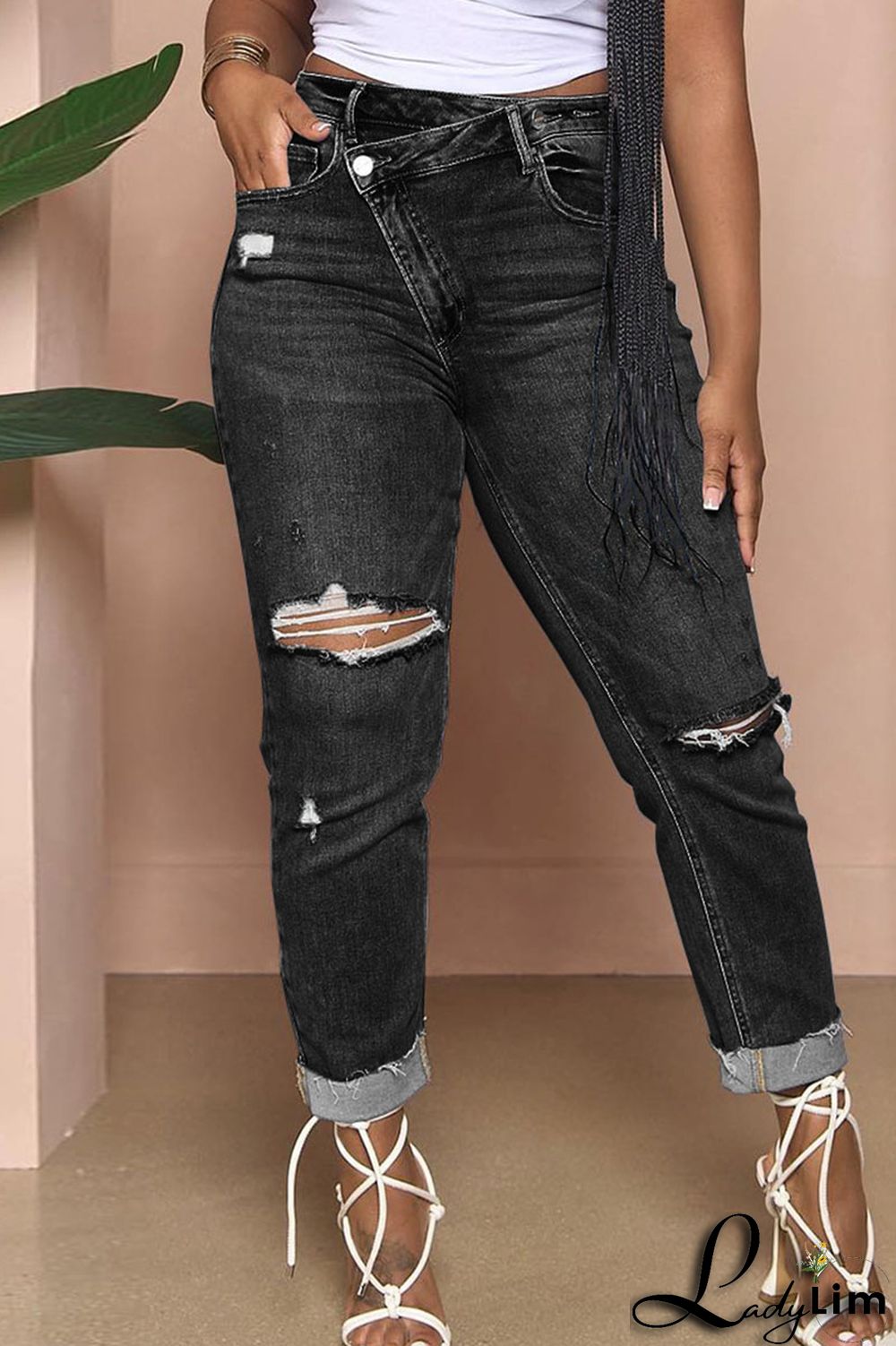 Light Blue Street Solid Ripped Patchwork High Waist Denim Jeans