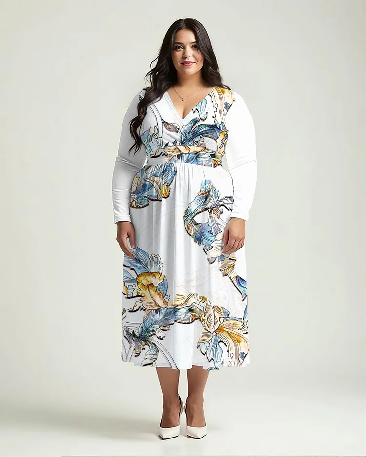 Plus Size Women's Plant Prints Long Sleeve V Neck Dress