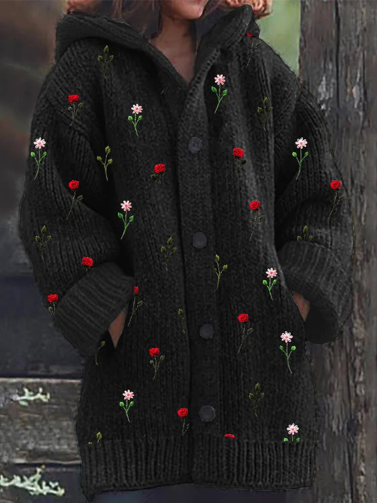 VChics Red Rose Knit Pattern Cozy Hooded Cardigan