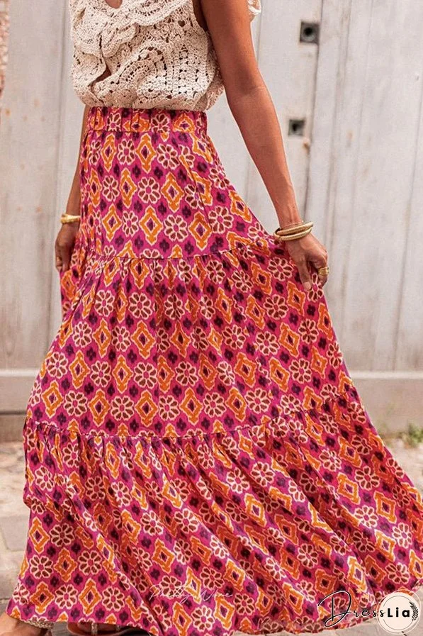 Rose Vintage Boho Floral Print Tiered Maxi Skirt