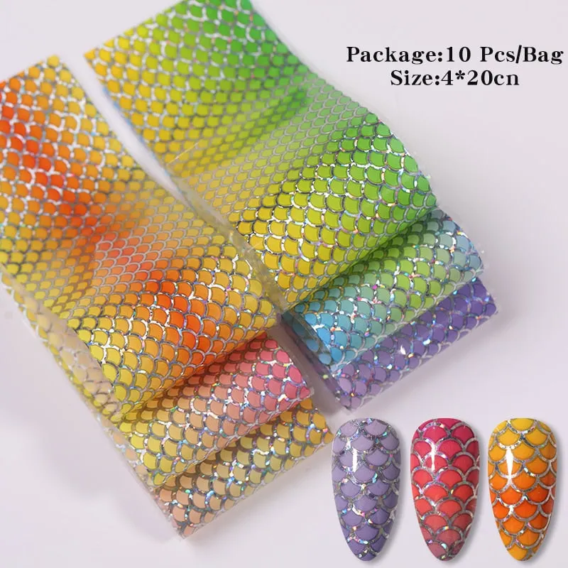 10Pcs/Set Colorful Nail Foil Stickers Mirror iridescent Effect Stickers Nail Art Transfer Foils Manicures Slider Decorations