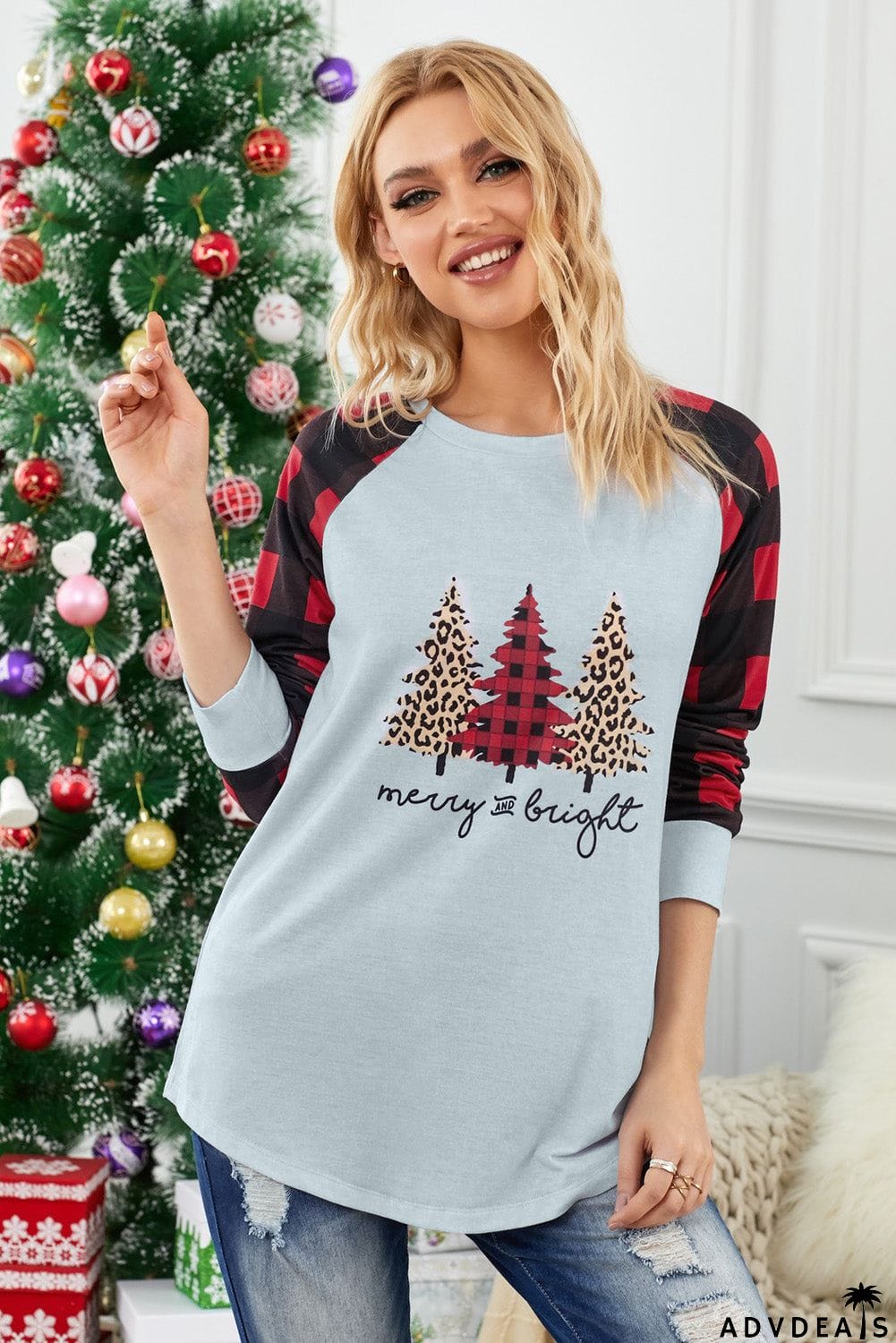 Christmas Pattern Plaid Splice Long Sleeve Top