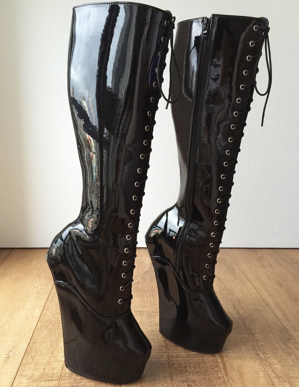 TAAFO ECE Heavy Hoof Sole Horse Pony Heelless Knee Hi Fetish BDSM Boots Black Patent