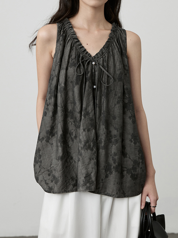 Print Pleated V Neck Lace-Up Sleeveless Top