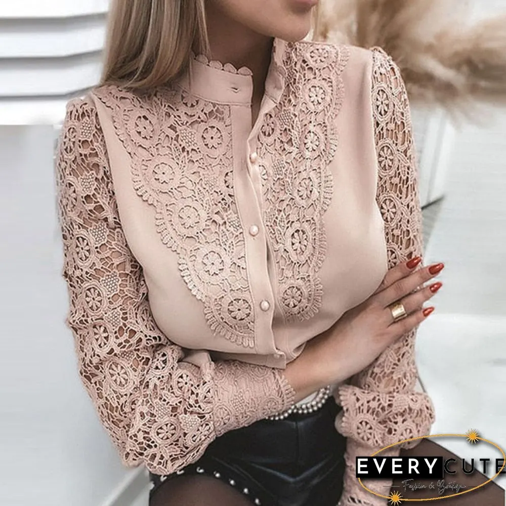 Womens Sexy Lace Patchwork Hollow Out T-Shirt Long Sleeve Crew Neck Button Mesh Design