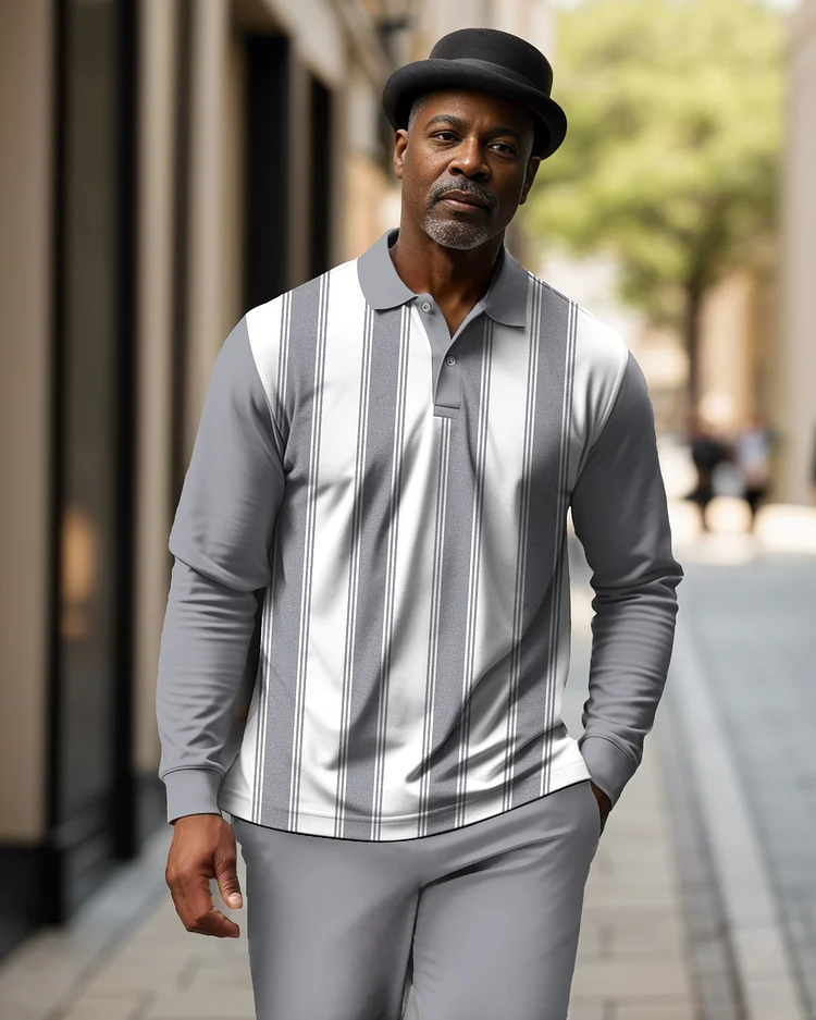 Men's Geometric Plaid Casual Colorblock POLO Shirt Trousers Set 025