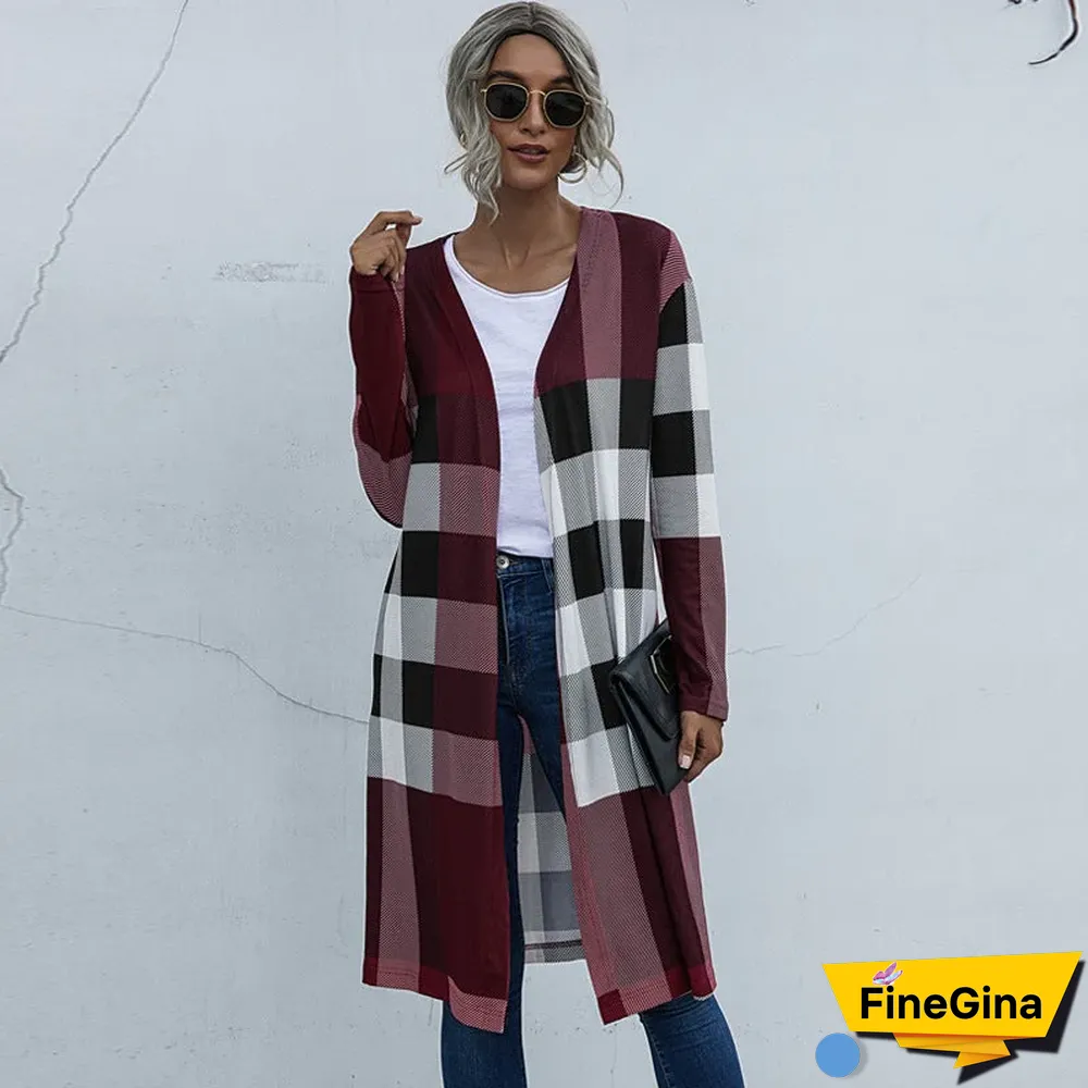 Autumn Women's Plaid Fashion Buttonless Straight Cardigan Coat Women