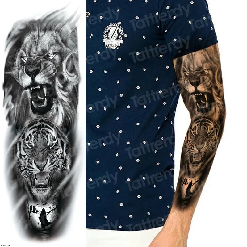 temporary tatoo men large waterproof temporary arm sleeve tattoo black robot mechanical tattoos tribal lion head king fox design
