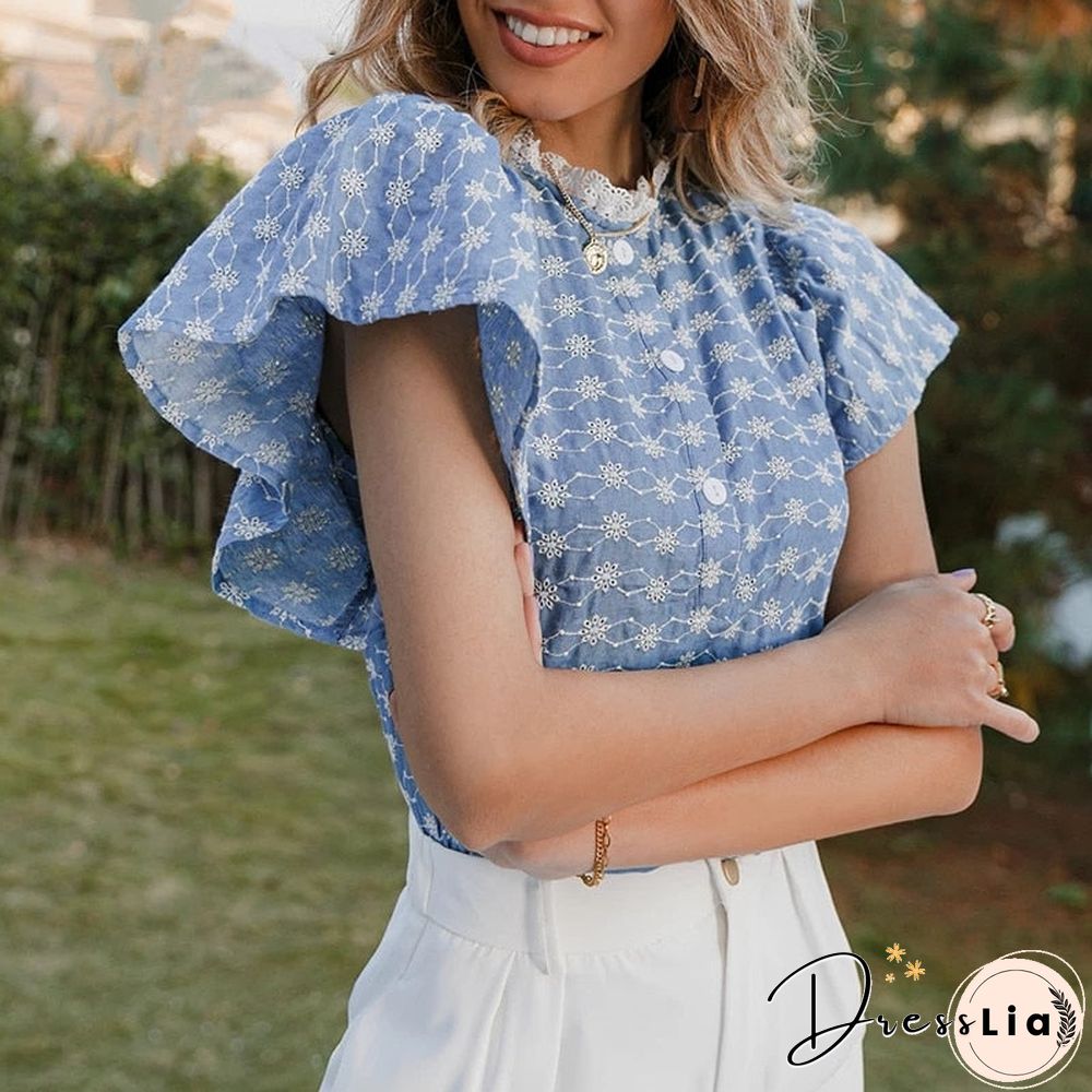 Casual spring summer floral embroidery blouse women Ruffle sleeves lace collar blouses elegant office lady shirt vintage