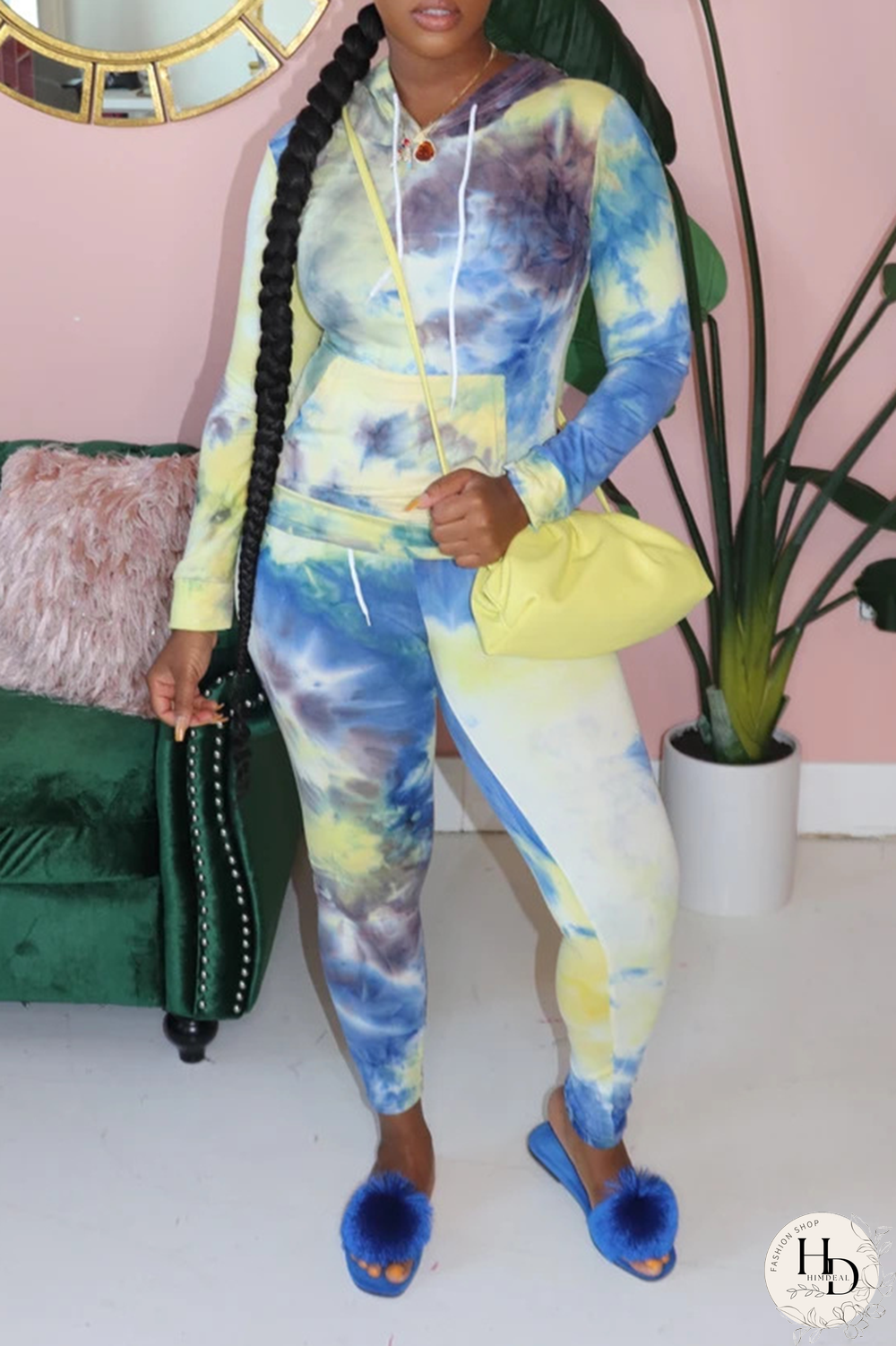 Yellow Casual Patchwork Tie-dye Hooded Collar Long Sleeve Two Pieces