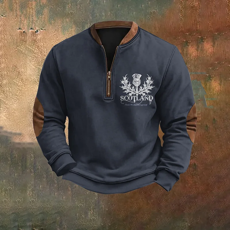 Scottish Thistle Print Zip Collar Sweatshirt