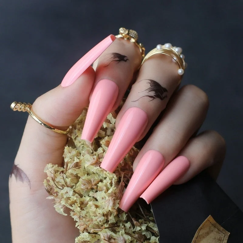 Extra gel Burgundy fasle nails Nude Long Luxury Coffin coffee Acrylic nails salon 24pcs fake nails ballet UV glossy available-Nail Inspo
