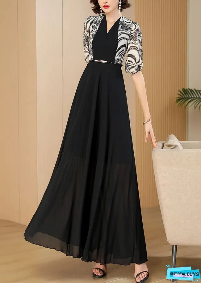 Vogue Black Print Patchwork High Waist Sashes Chiffon Maxi Dress Summer