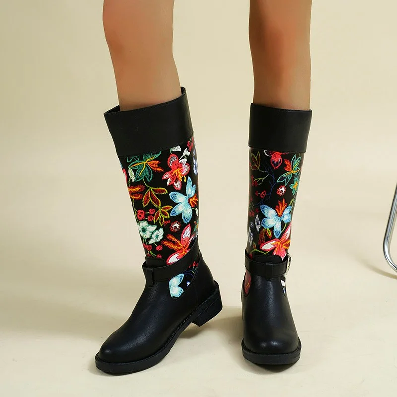 Churchf Churchf Size High Boots Female 2023 New Thick Heel Embroidery Round Head Retro Belt Buckle Autumn And Winter